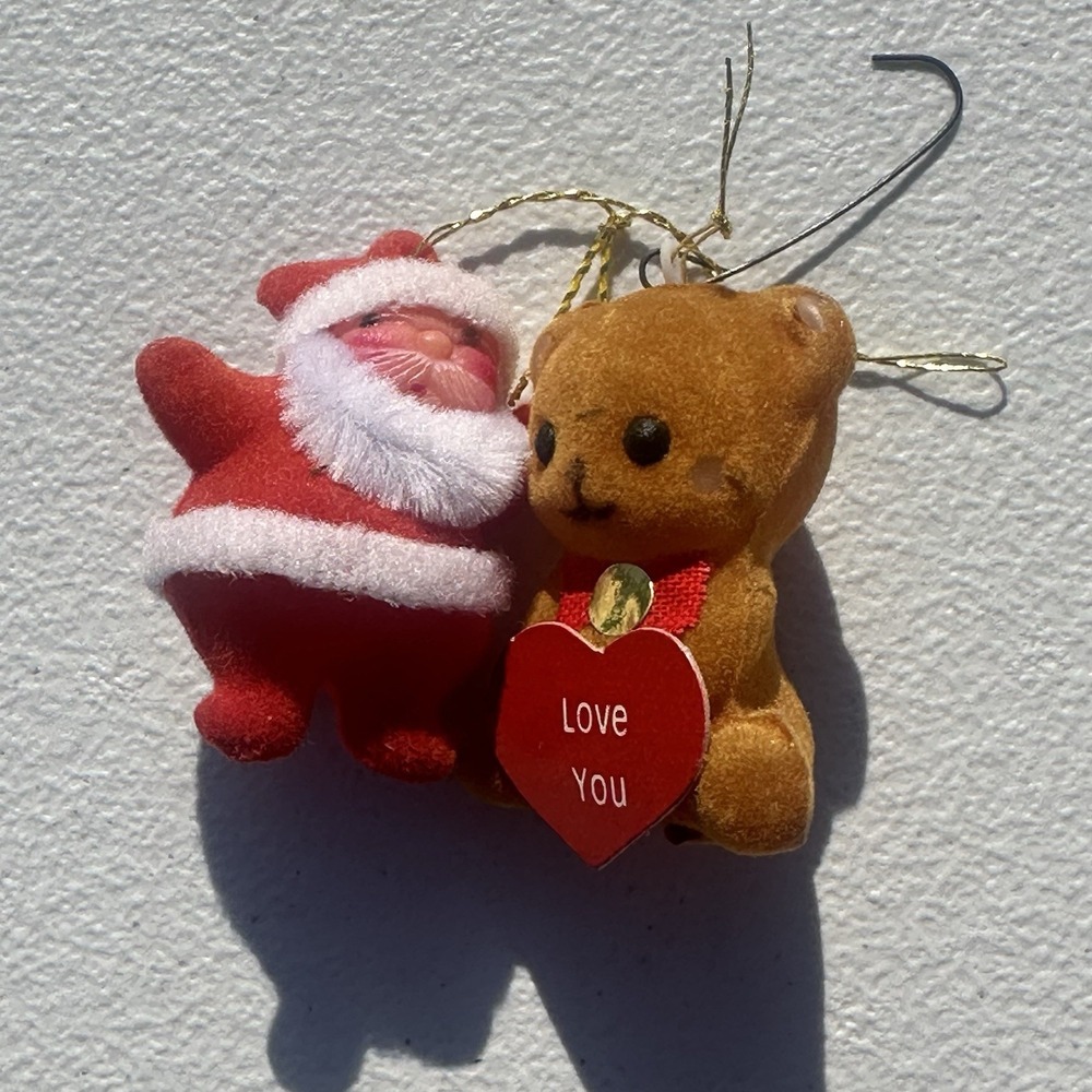 Vintage 1950s Flocked Santa And‎ Teddy Bear Christmas Ornaments Set Of 2 Japan